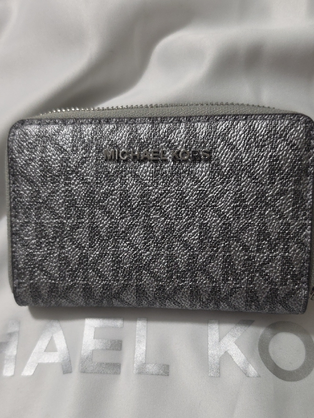 Michael Kors Silver Metallic Signature Zip Wallet